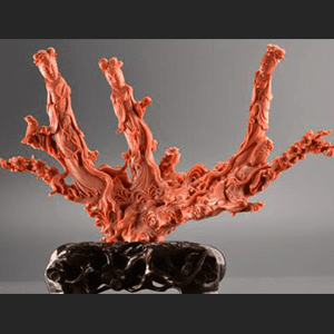  中国美術 桃珊瑚天女彫置物 重量1107g