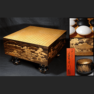 富貴堂作 名所蒔絵碁盤碁器 40号雪印蛤碁石